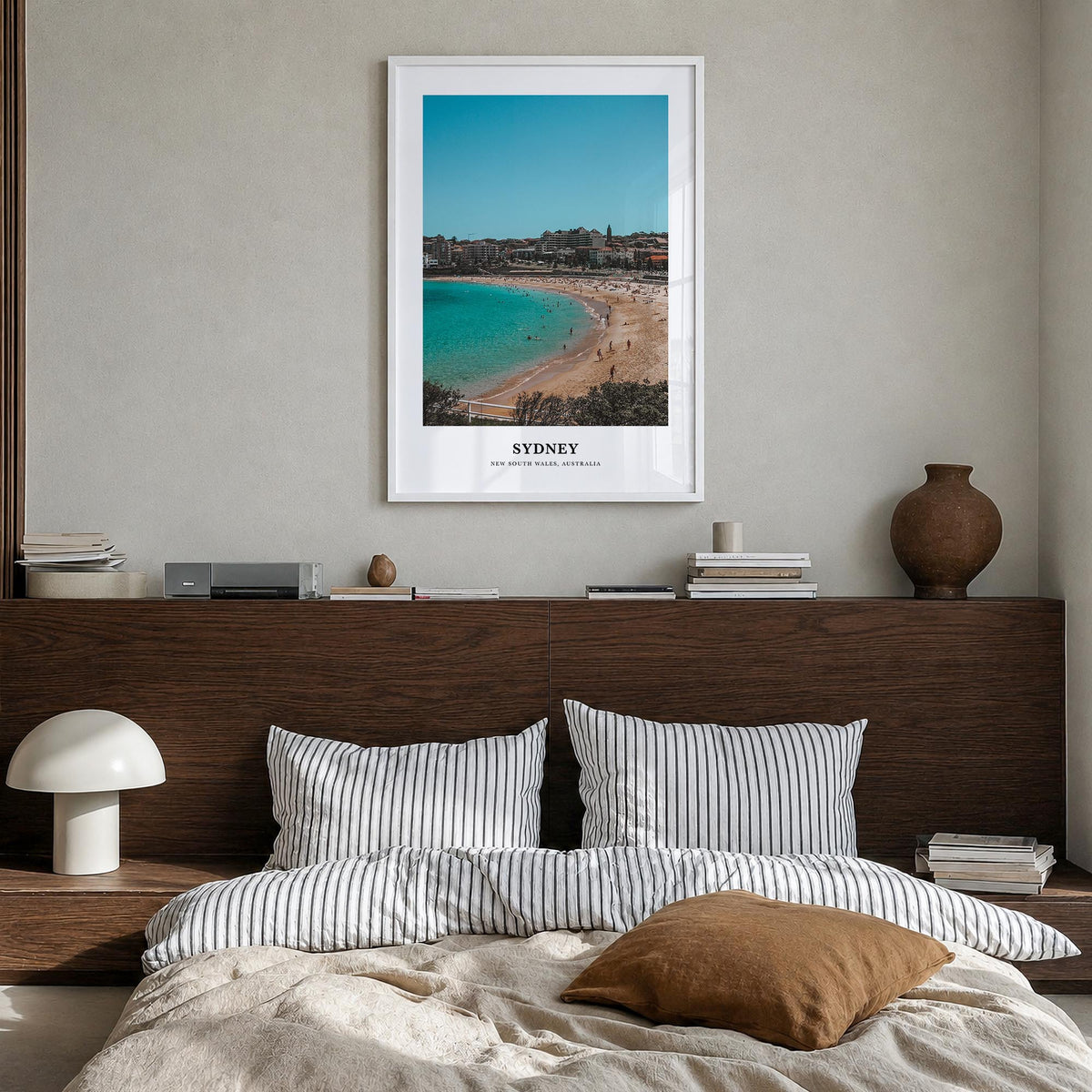 Sydney colorful classic poster of New South Wales, Australia – vertical wall art in white wood frame, hanging on wall