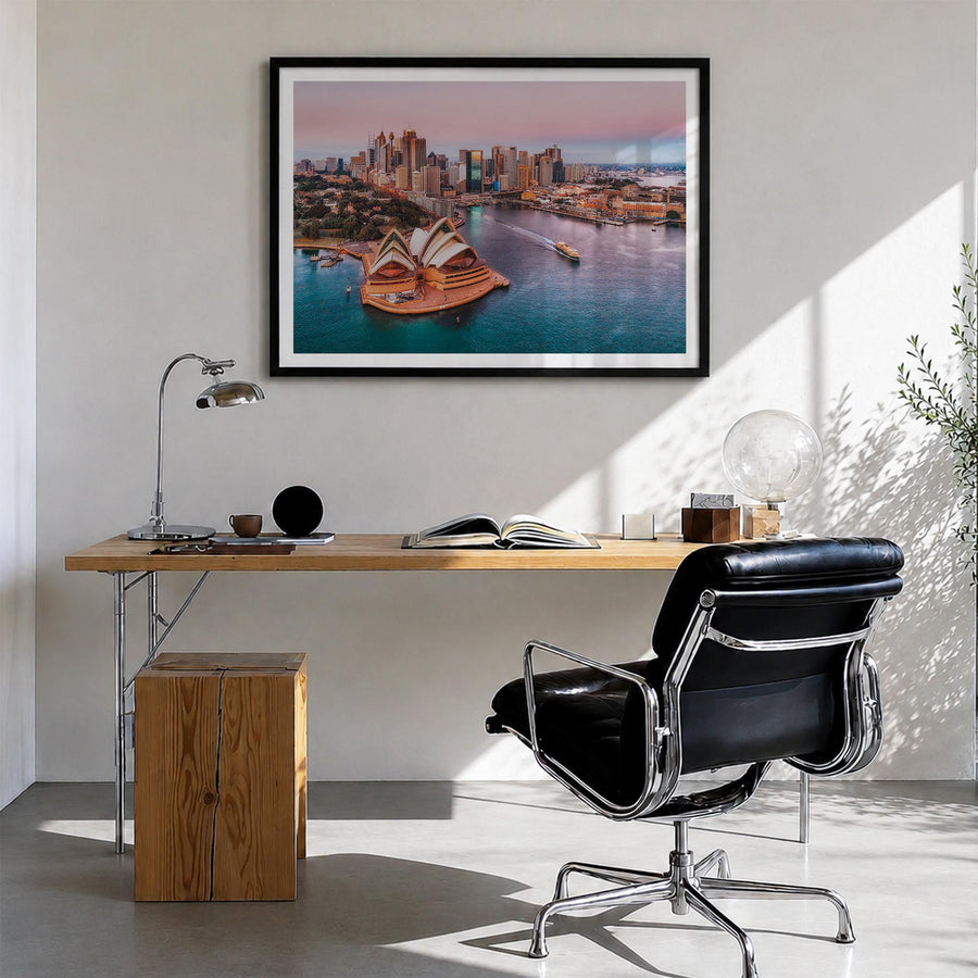 Sydney colorful photo poster of New South Wales, Australia – horizontal wall art in black wood frame with white border, hangi