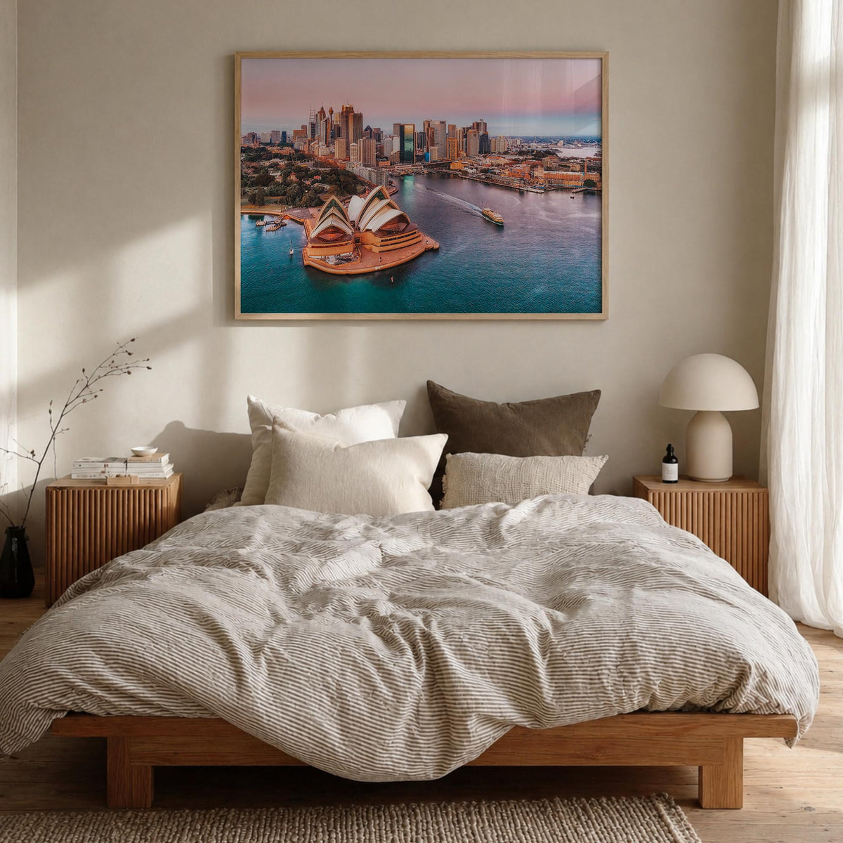 Sydney colorful photo poster of New South Wales, Australia – horizontal wall art in natural wood frame, hanging on wall