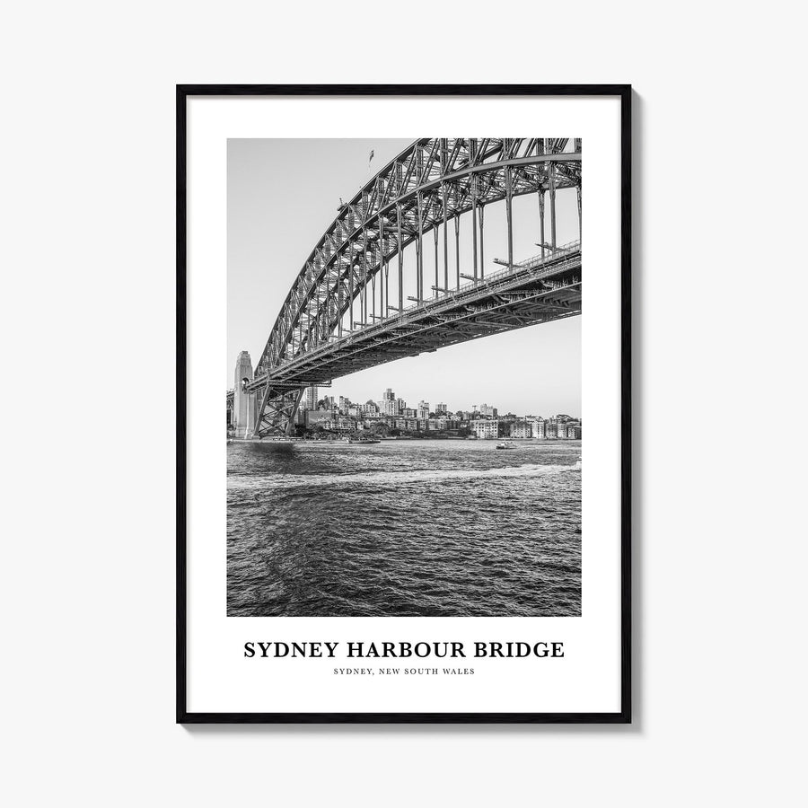 Sydney Harbour Bridge black & white classic poster of Australia – vertical wall art, unframed print shown in interior mockup
