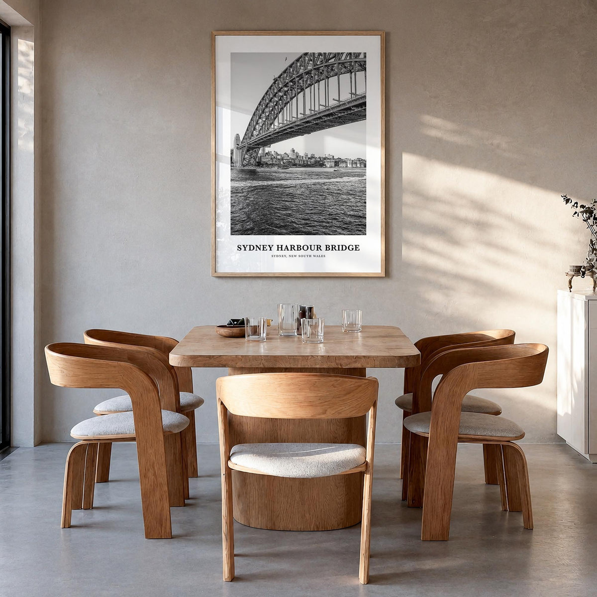 Sydney Harbour Bridge black & white classic poster of Australia – vertical wall art in natural wood frame, hanging on wall