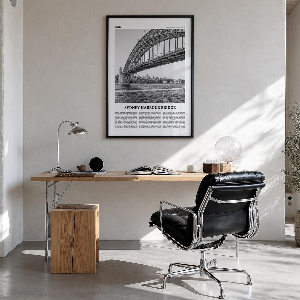 Sydney Harbour Bridge black & white newspaper poster of Australia – vertical wall art in black wood frame, hanging on wall