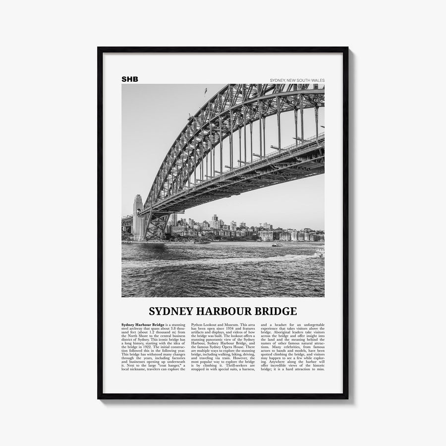 Sydney Harbour Bridge black & white newspaper poster of Australia – vertical wall art, unframed print shown in interior mocku