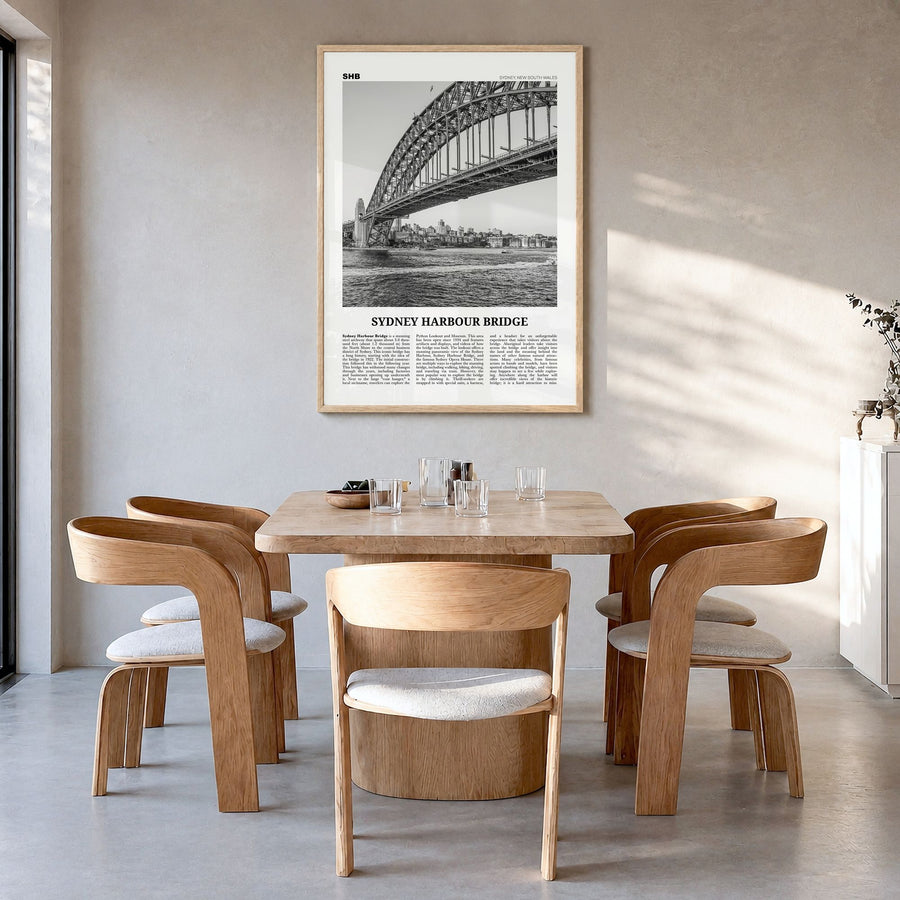 Sydney Harbour Bridge Newspaper Poster in a natural wood frame, hanging in a dining room