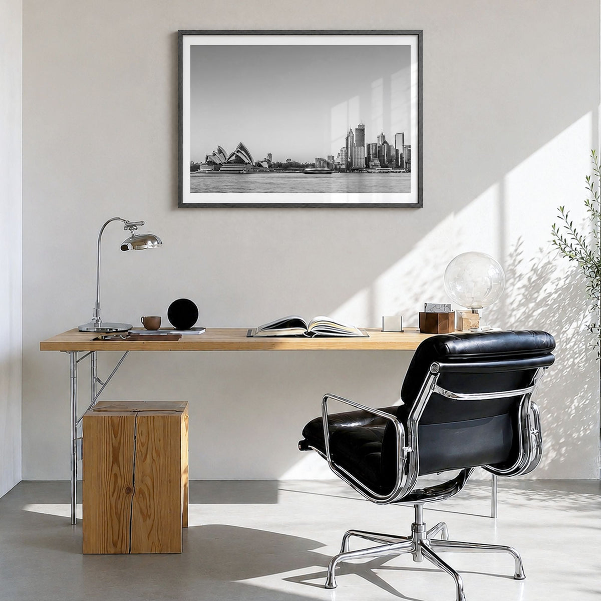 Sydney Photo No 2 Poster in a black wood frame, hanging in a bright home office, white border