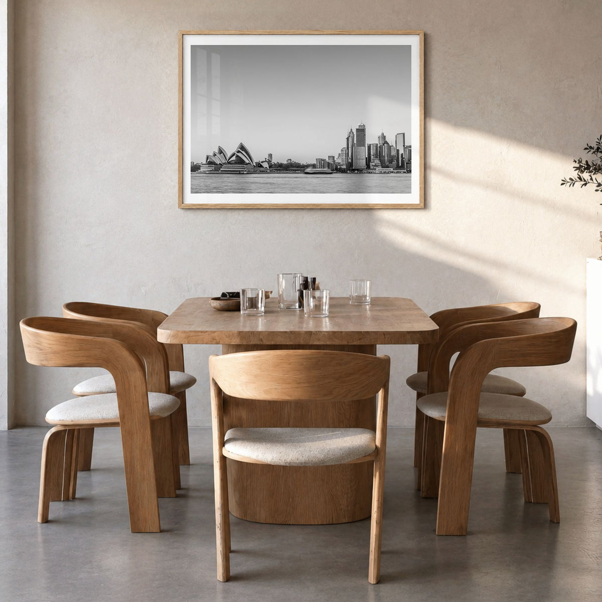 Sydney Photo No 2 Poster in a natural wood frame, hanging in a dining room, white border