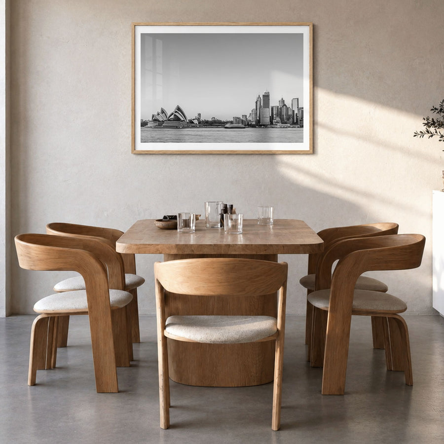 Sydney Photo No 2 Poster in a natural wood frame, hanging in a dining room, white border