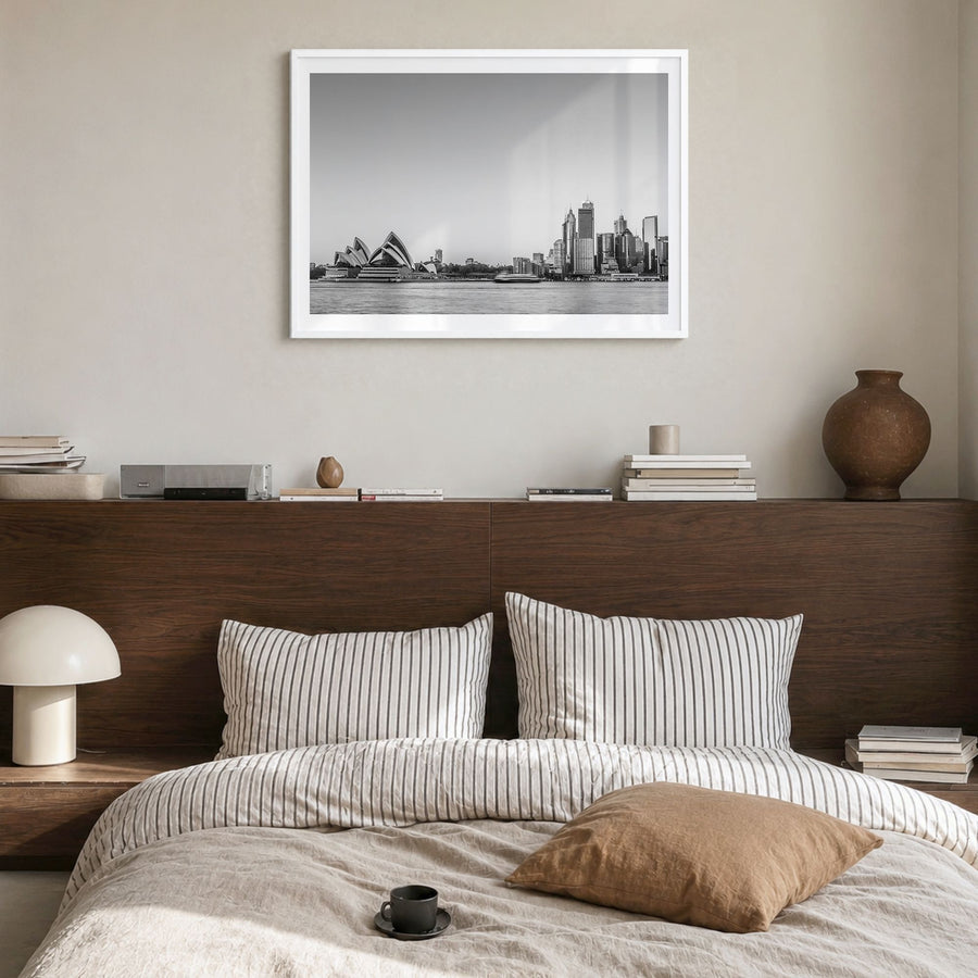 Sydney Photo No 2 Poster in a white wood frame, hanging in a bedroom, white border