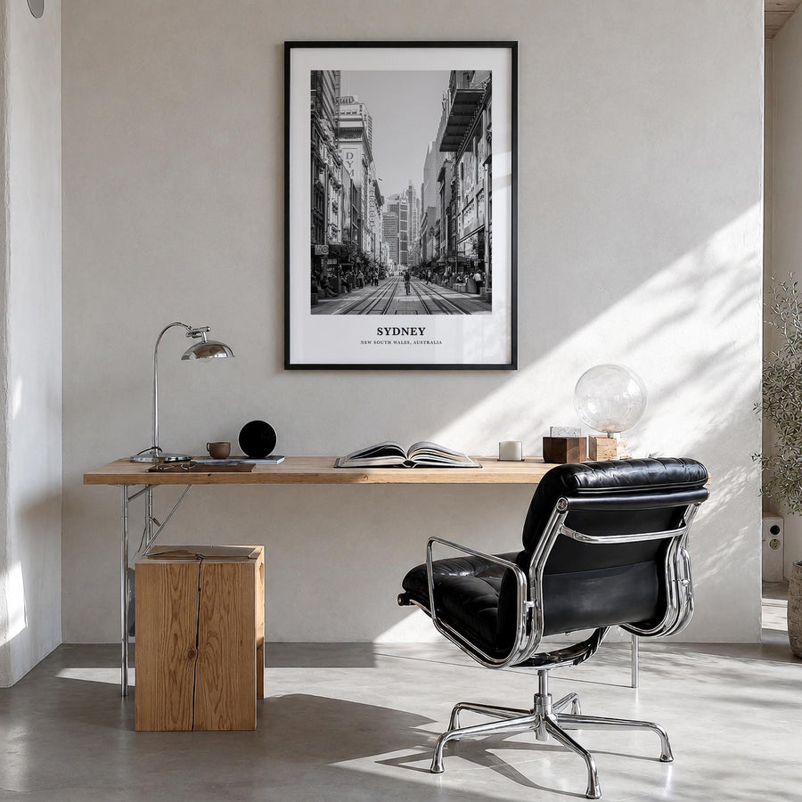 Sydney no. 1 black & white classic poster of New South Wales, Australia – vertical wall art in black wood frame, hanging on w