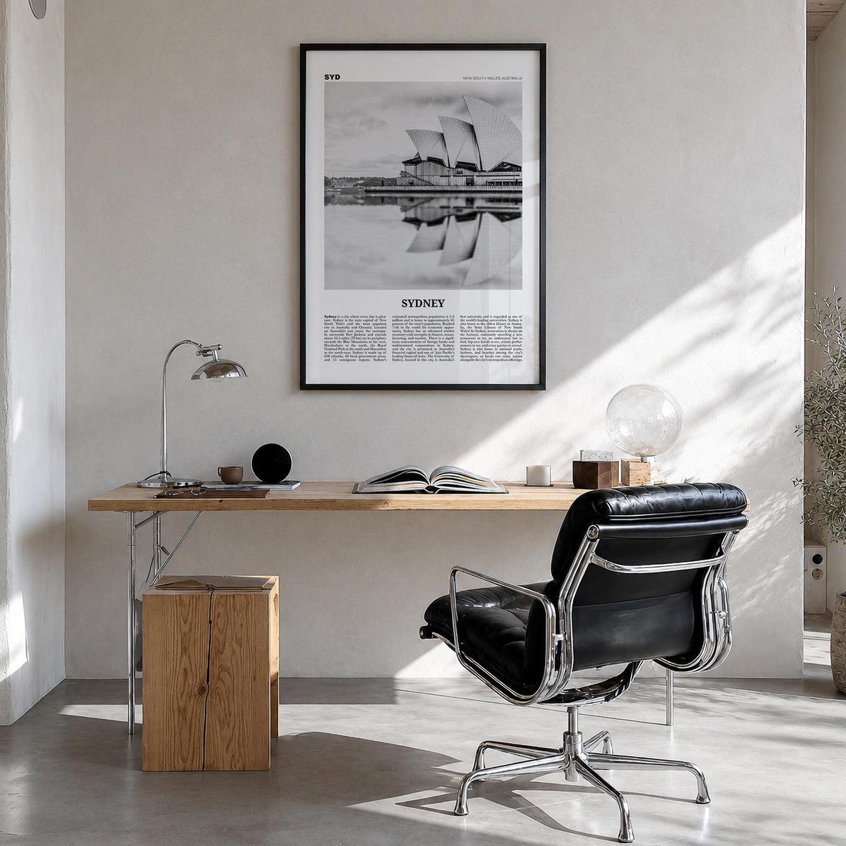 Sydney no. 1 black & white newspaper poster of New South Wales, Australia – vertical wall art in black wood frame, hanging on