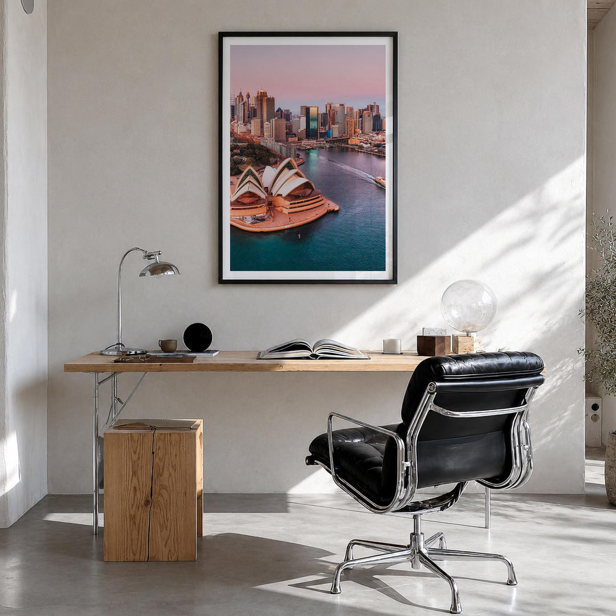 Sydney no. 1 colorful photo poster of New South Wales, Australia – vertical wall art in black wood frame with white border, h