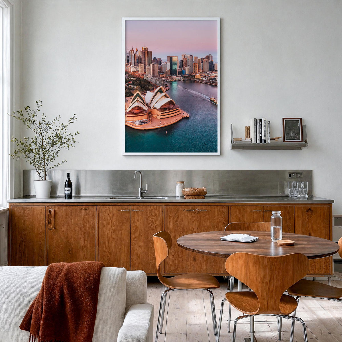 Sydney no. 1 colorful photo poster of New South Wales, Australia – vertical wall art in white wood frame, hanging on wall