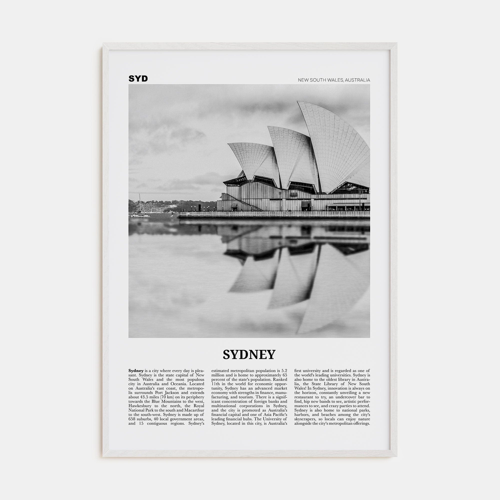 Sydney No 1 Poster White Wood / 8x12 in Nbourhood Travel B&W Poster