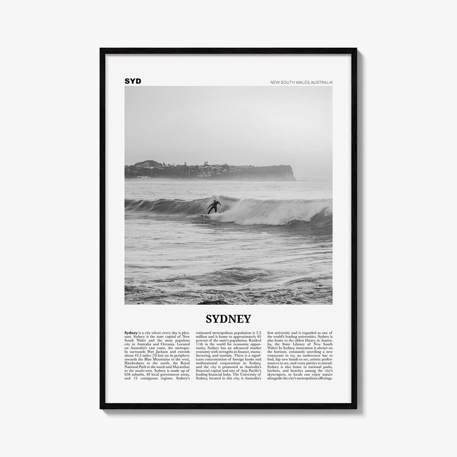 Sydney no. 2 black & white newspaper poster of New South Wales, Australia – vertical wall art, unframed print shown in interi