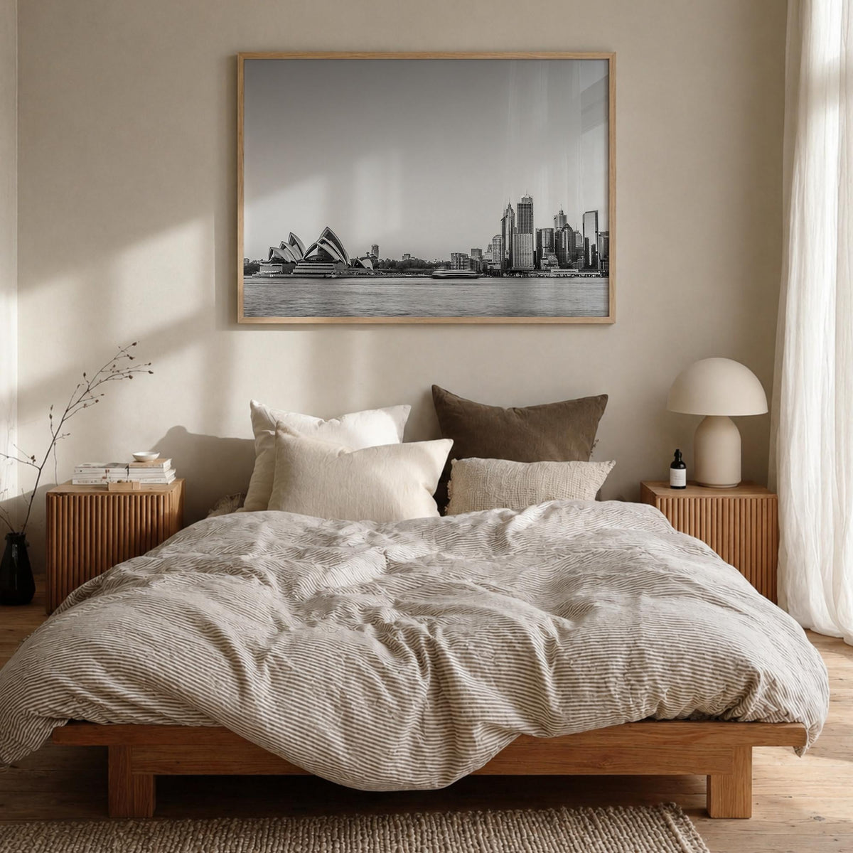 Sydney no. 2 black & white photo poster of New South Wales, Australia – horizontal wall art in natural wood frame, hanging on