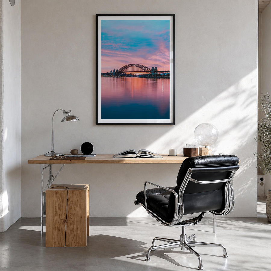 Sydney no. 2 colorful photo poster of New South Wales, Australia – vertical wall art in black wood frame with white border, h