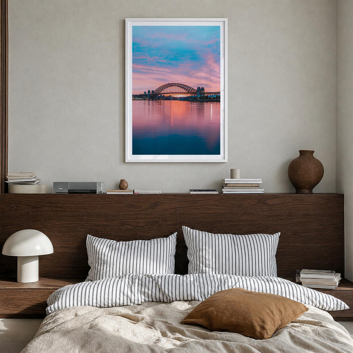 Sydney no. 2 colorful photo poster of New South Wales, Australia – vertical wall art in white wood frame with white border, h