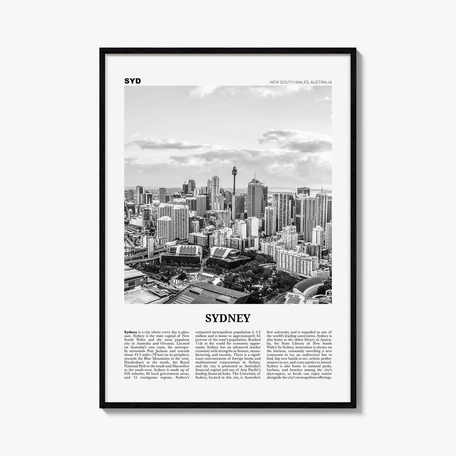 Sydney no. 3 black & white newspaper poster of New South Wales, Australia – vertical wall art, unframed print shown in interi