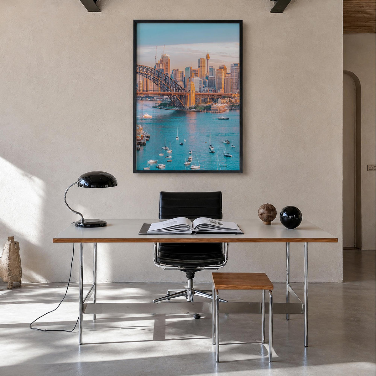 Sydney no. 3 colorful photo poster of New South Wales, Australia – vertical wall art in black wood frame, hanging on wall