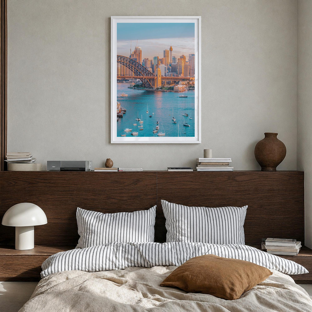 Sydney no. 3 colorful photo poster of New South Wales, Australia – vertical wall art in white wood frame with white border, h
