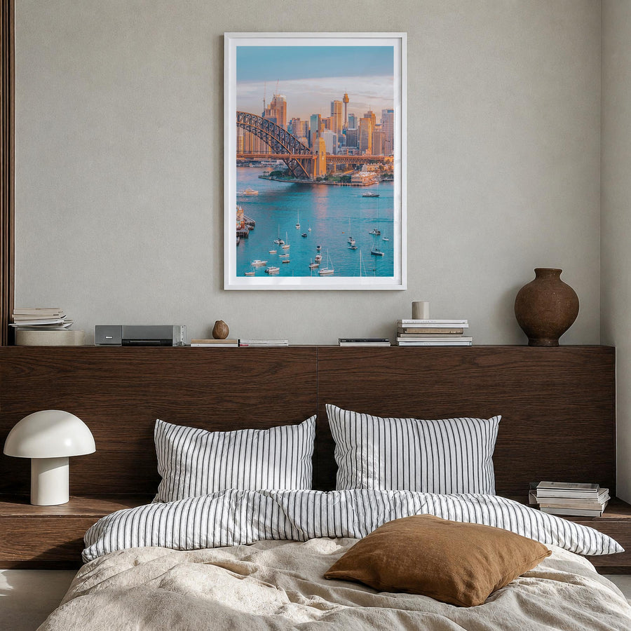 Sydney no. 3 colorful photo poster of New South Wales, Australia – vertical wall art in white wood frame with white border, h
