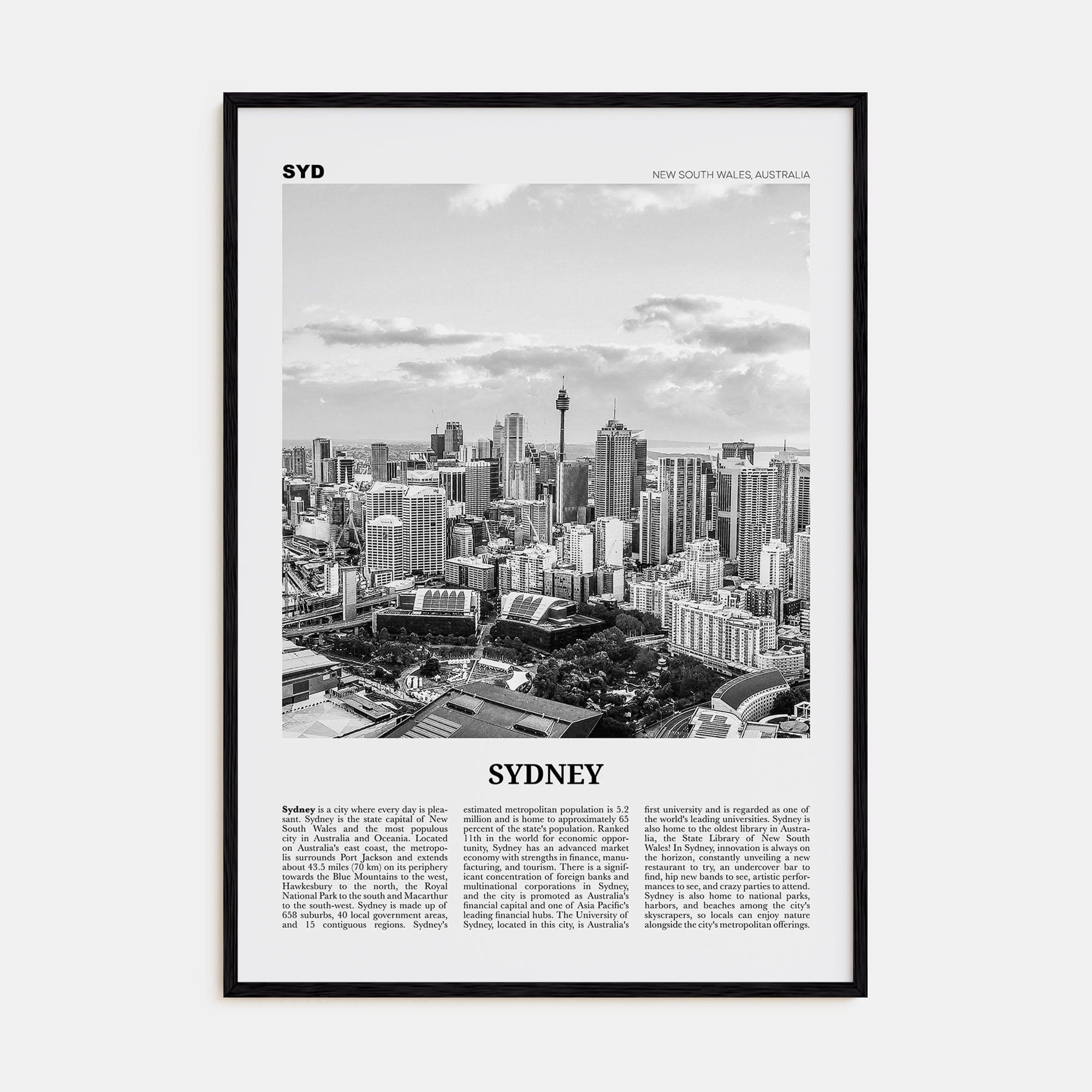 Sydney No 3 Poster Black Wood / 8x12 in Nbourhood Travel B&W Poster