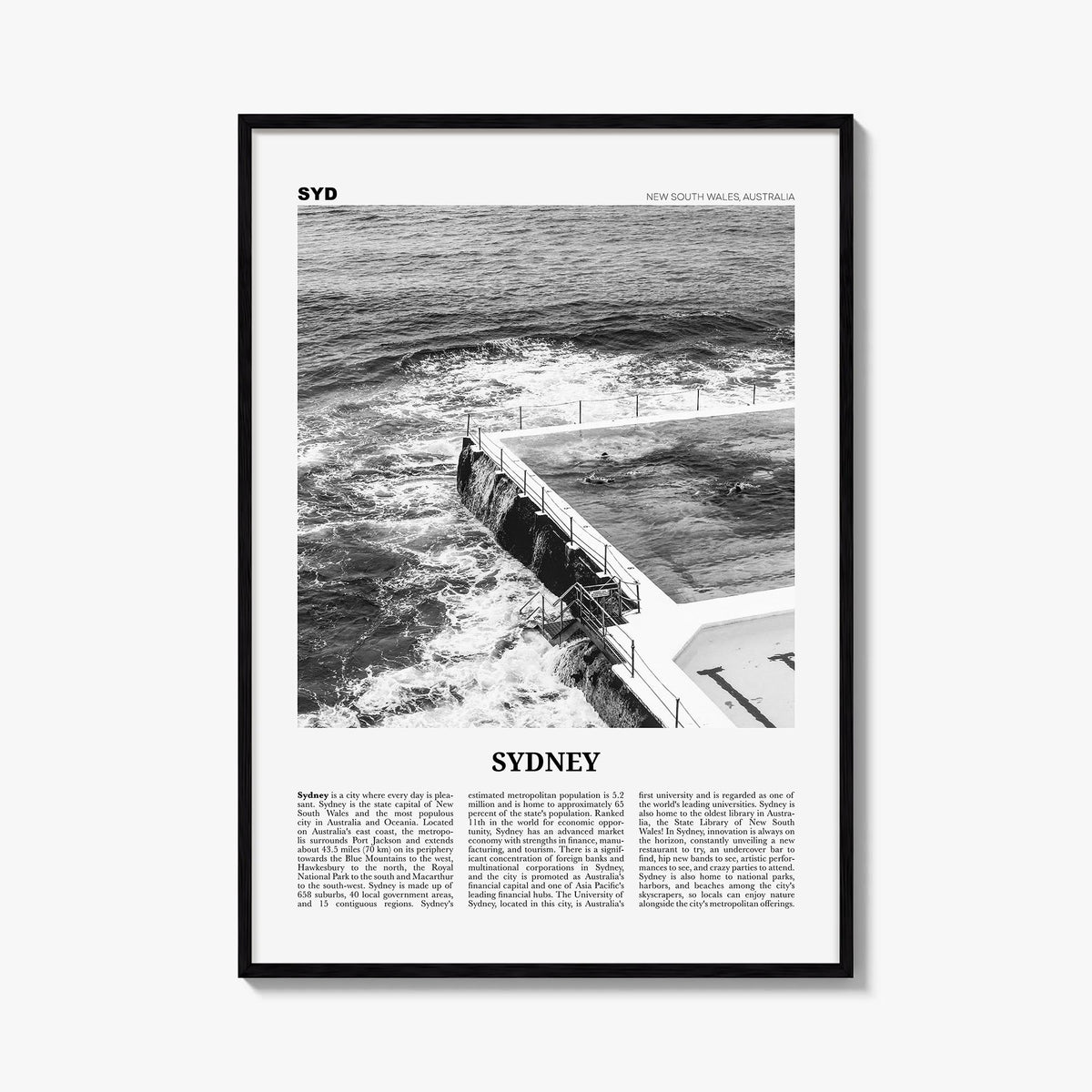 Sydney no. 4 black & white newspaper poster of New South Wales, Australia – vertical wall art, unframed print shown in interi
