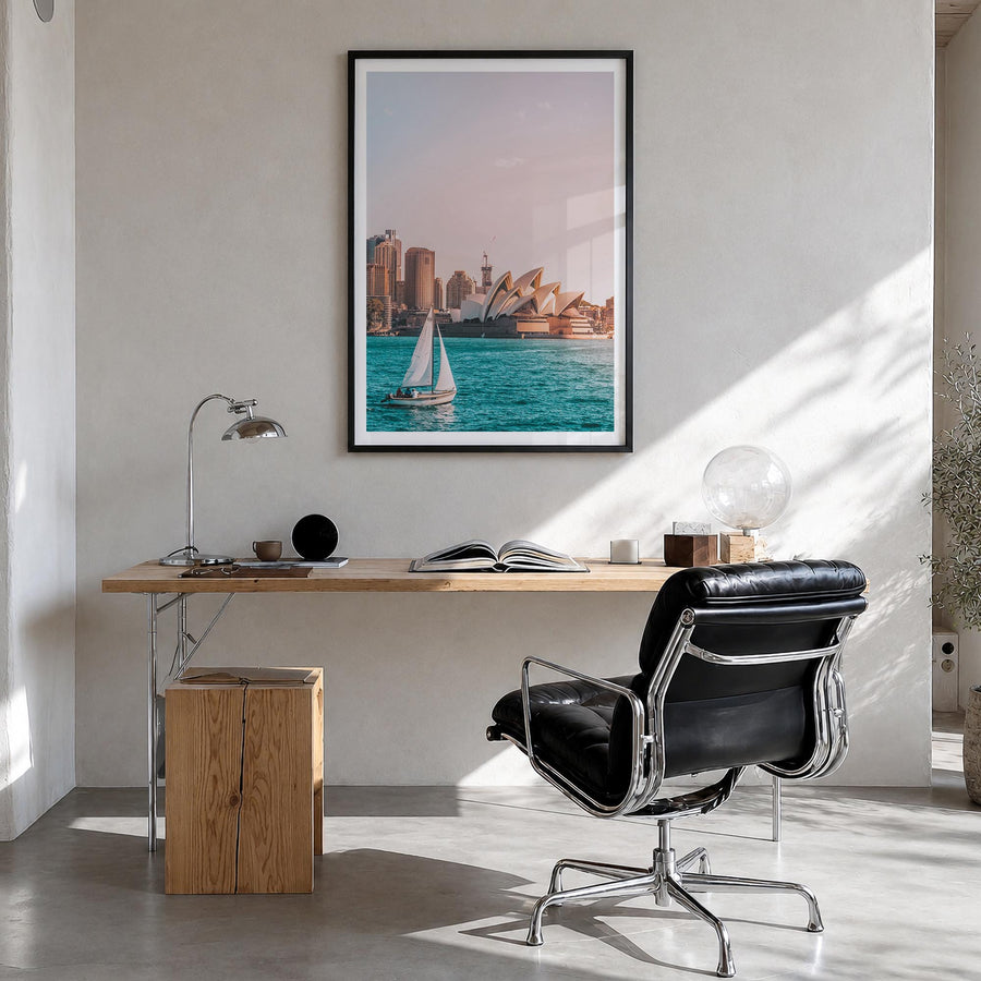Sydney no. 4 colorful photo poster of New South Wales, Australia – vertical wall art in black wood frame with white border, h