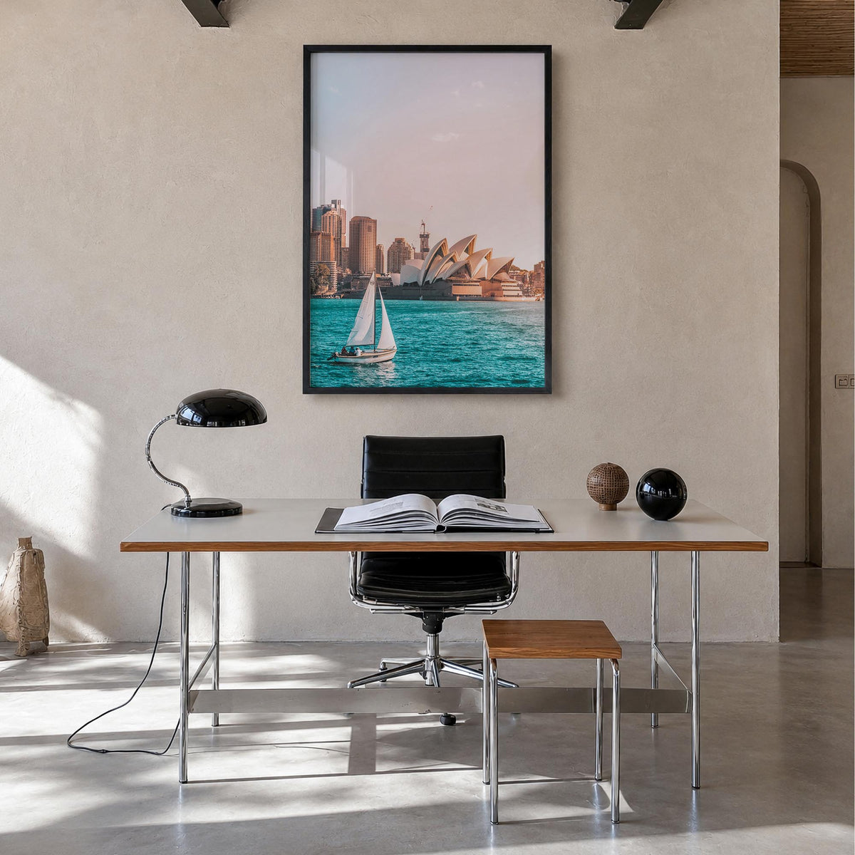 Sydney no. 4 colorful photo poster of New South Wales, Australia – vertical wall art in black wood frame, hanging on wall