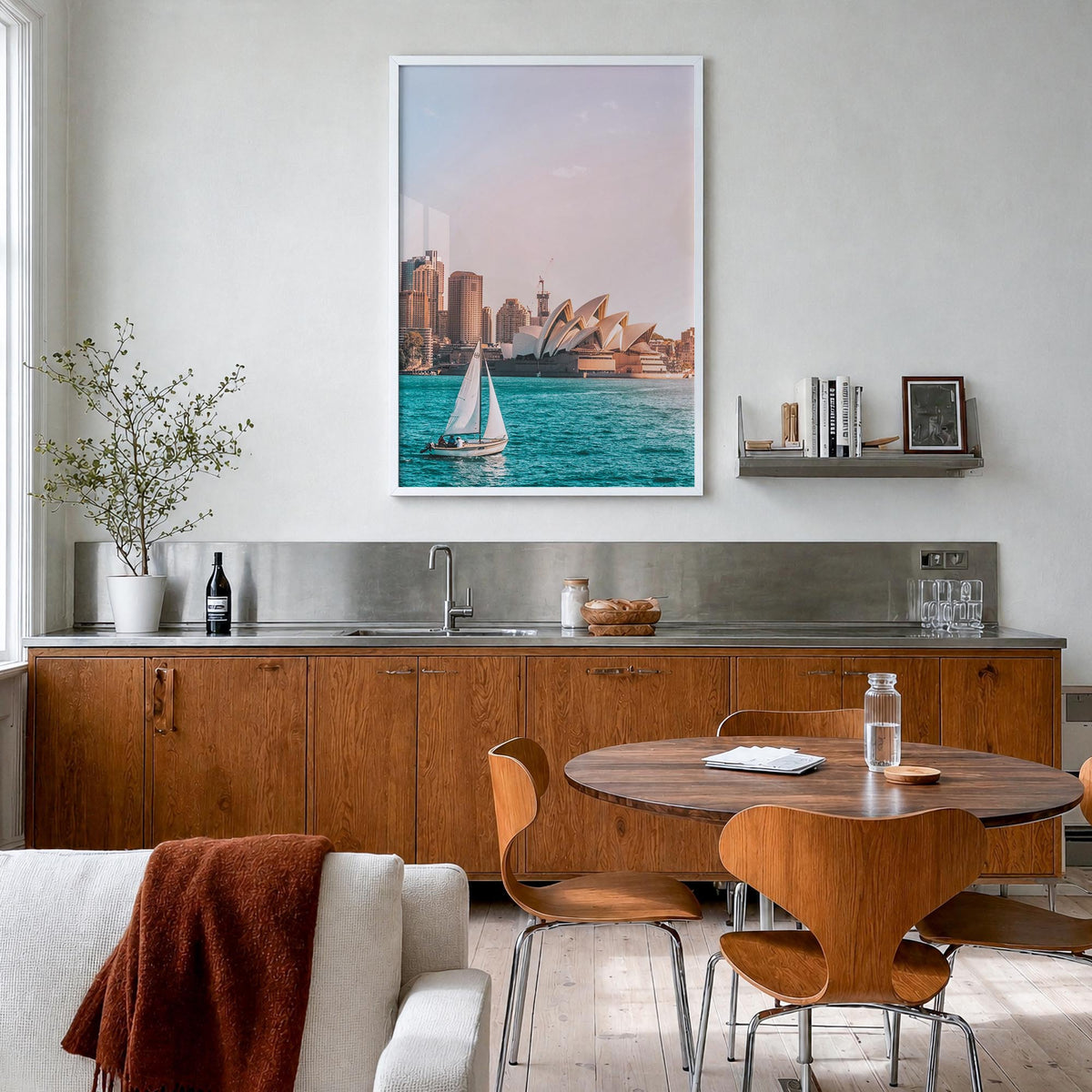 Sydney no. 4 colorful photo poster of New South Wales, Australia – vertical wall art in white wood frame, hanging on wall