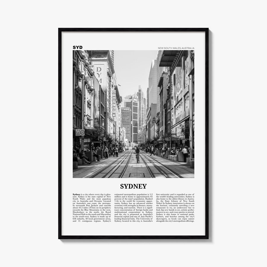 Sydney no. 5 black & white newspaper poster of New South Wales, Australia – vertical wall art, unframed print shown in interi