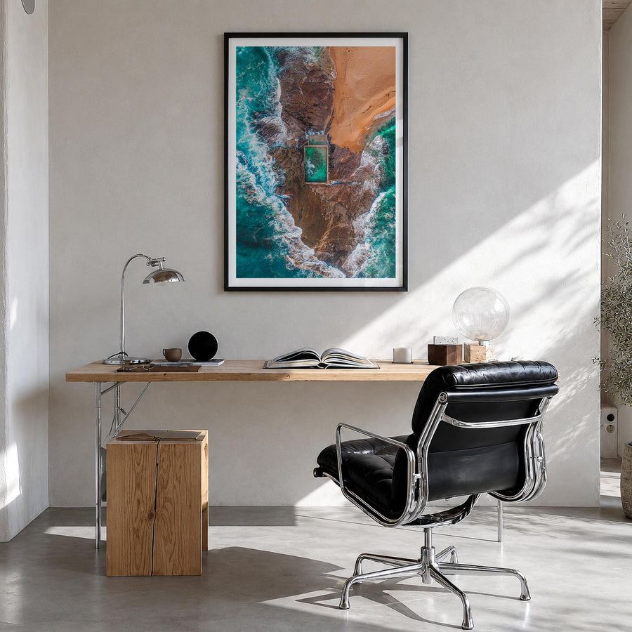 Sydney Northern Beaches colorful photo poster of Australia – vertical wall art in black wood frame with white border, hanging