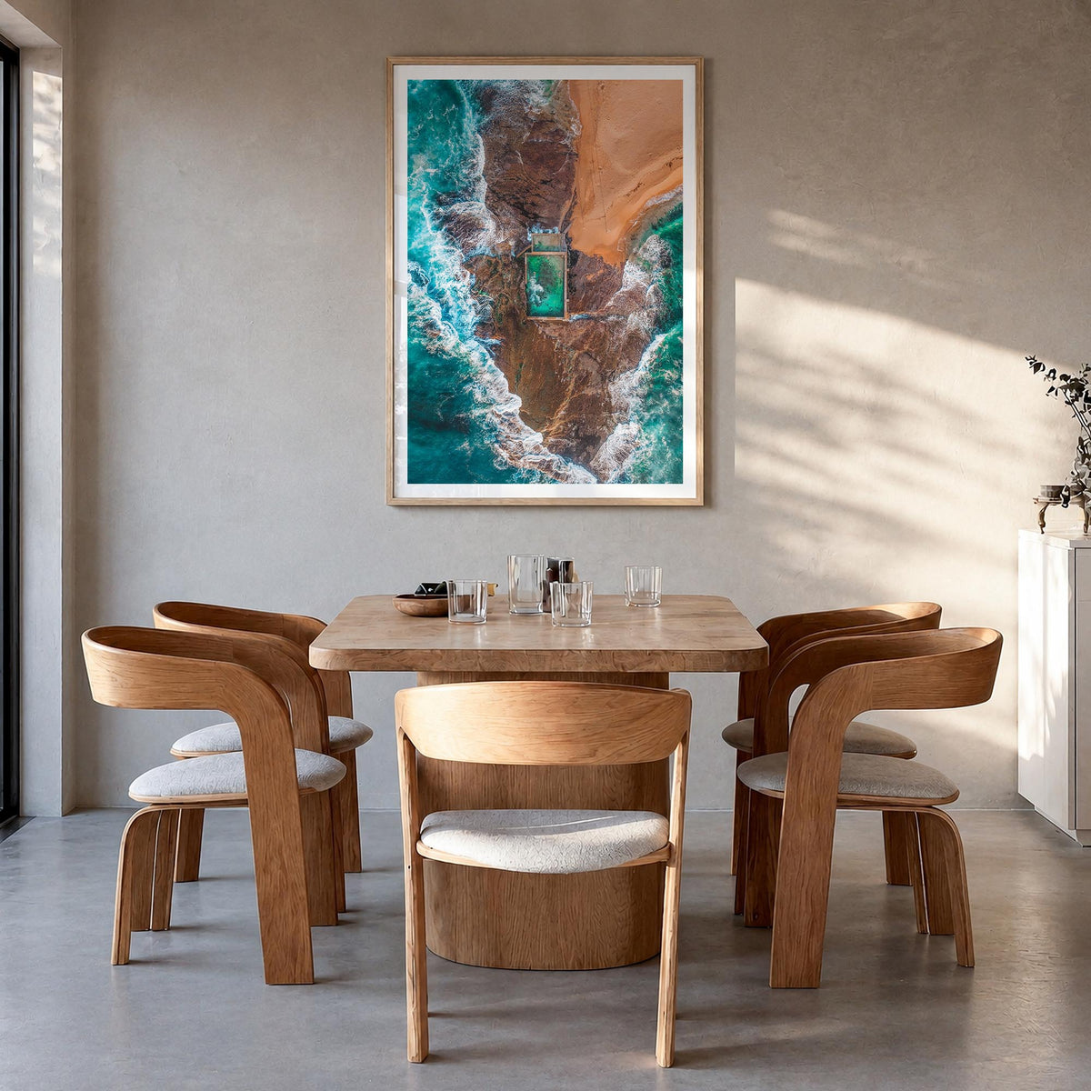 Sydney Northern Beaches colorful photo poster of Australia – vertical wall art in natural wood frame with white border, hangi