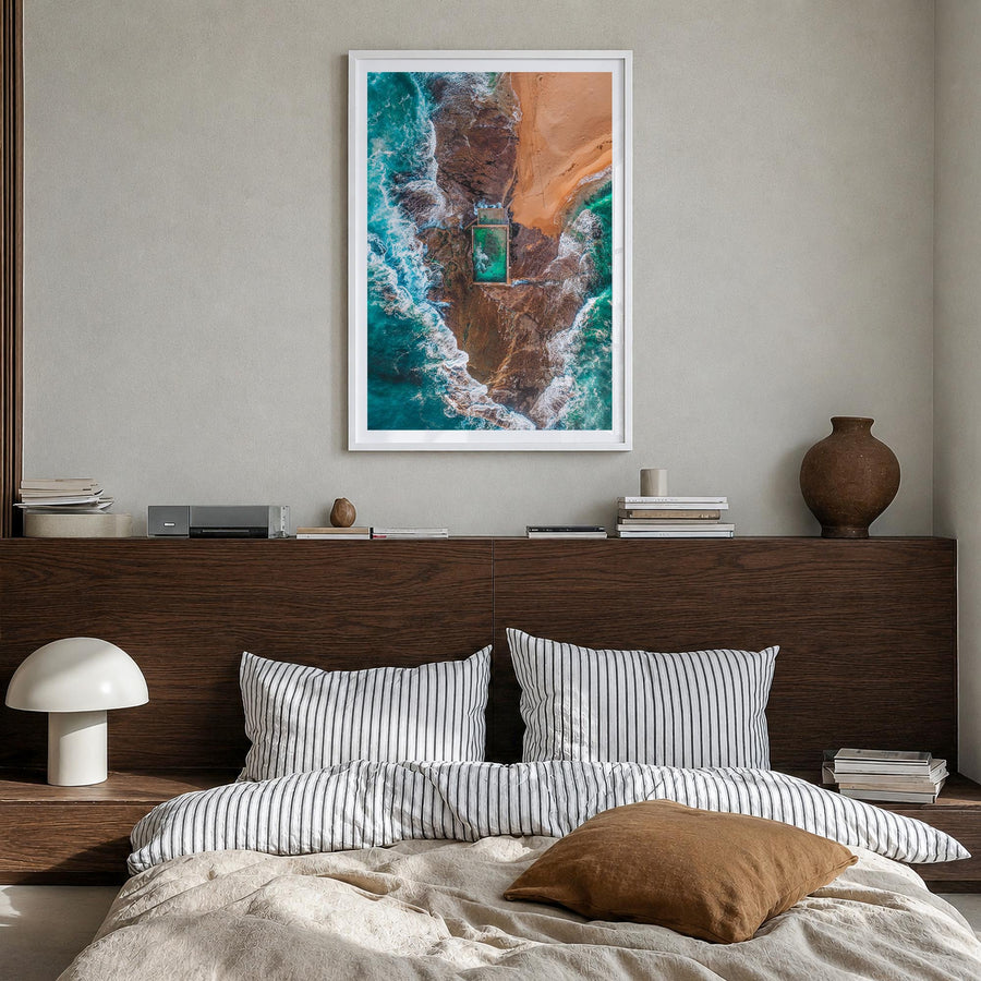 Sydney Northern Beaches colorful photo poster of Australia – vertical wall art in white wood frame with white border, hanging