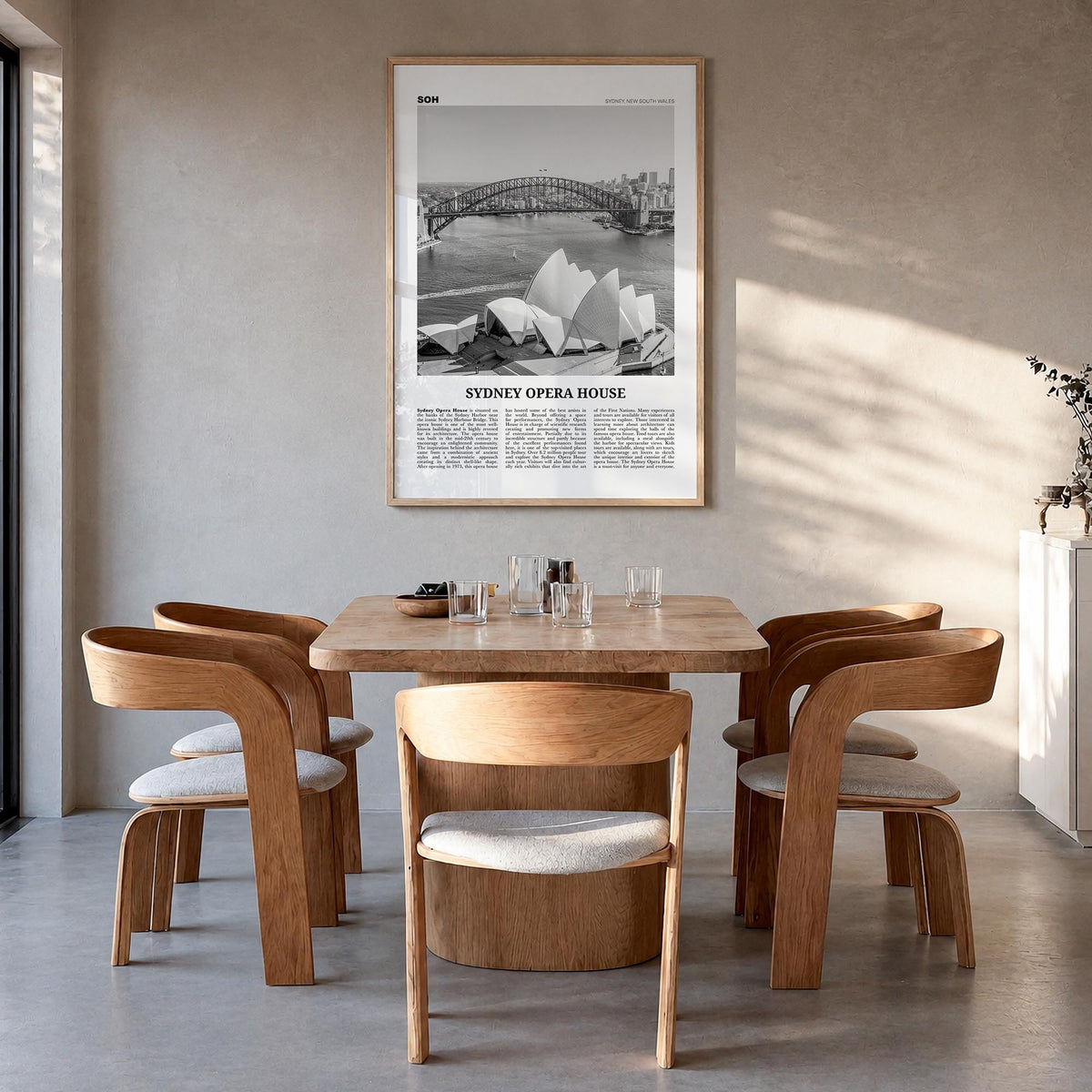 Sydney Opera House black & white newspaper poster of Sydney, New South Wales – vertical wall art in natural wood frame, hangi