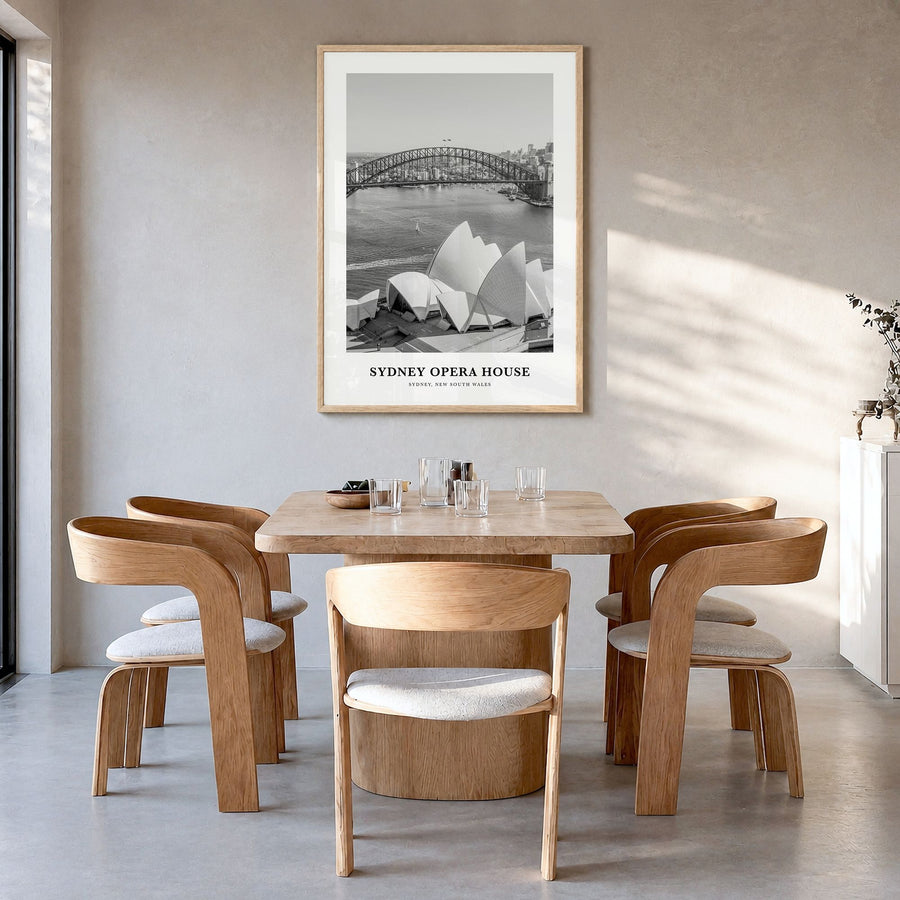 Sydney Opera House Classic Poster in a natural wood frame, hanging in a dining room