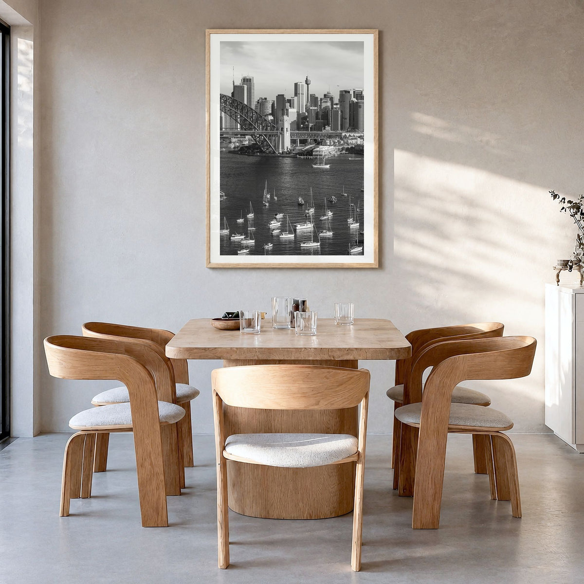 Sydney Photo No 1 Poster in a natural wood frame, hanging in a dining room, white border