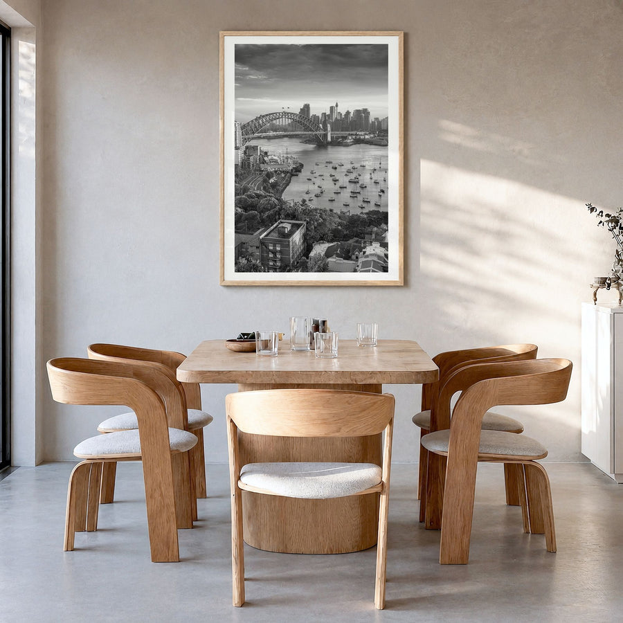 Sydney Photo No 2 Poster in a natural wood frame, hanging in a dining room, white border