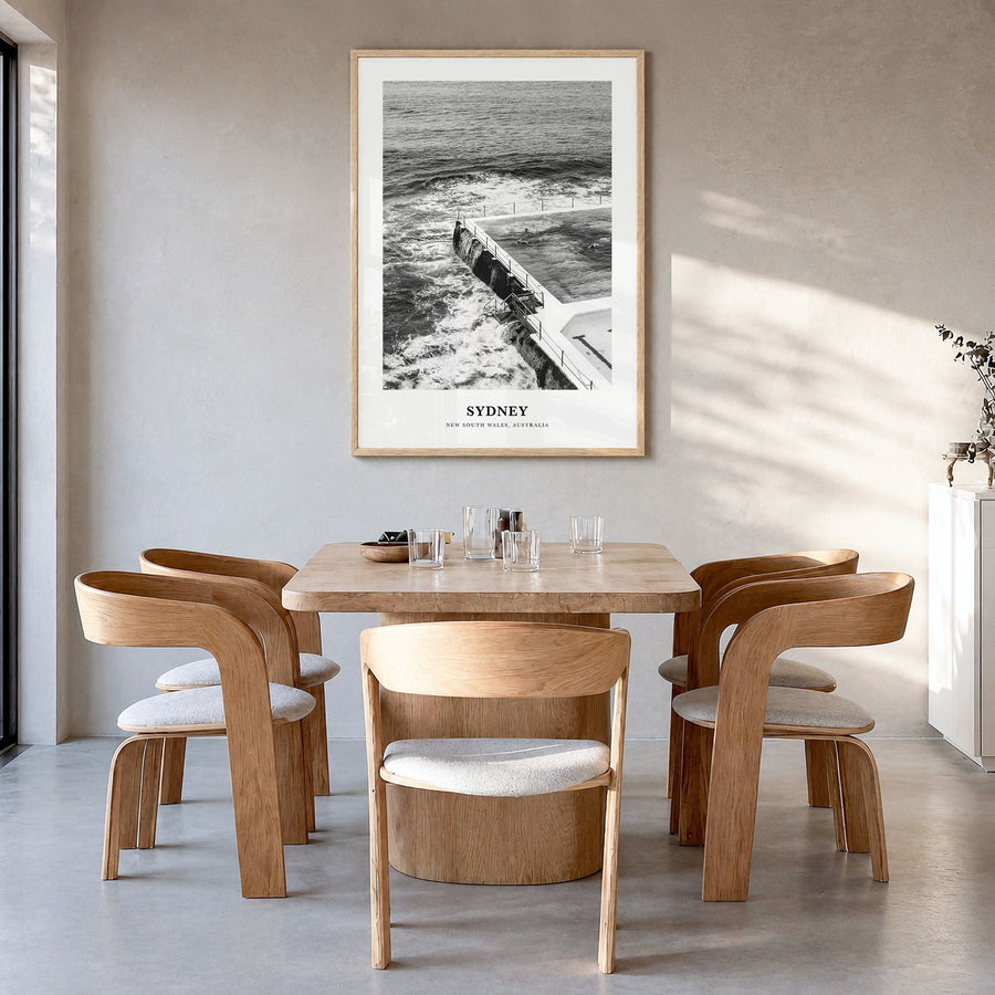 Sydney Classic No 2 Poster in a natural wood frame, hanging in a dining room