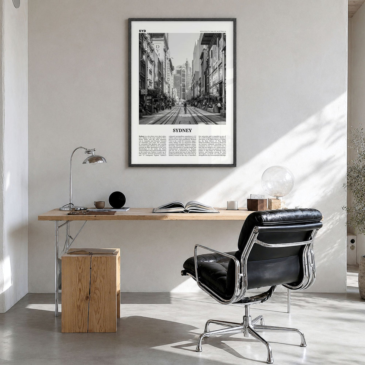 Sydney Newspaper No 5 Poster in a black wood frame, hanging in a bright home office