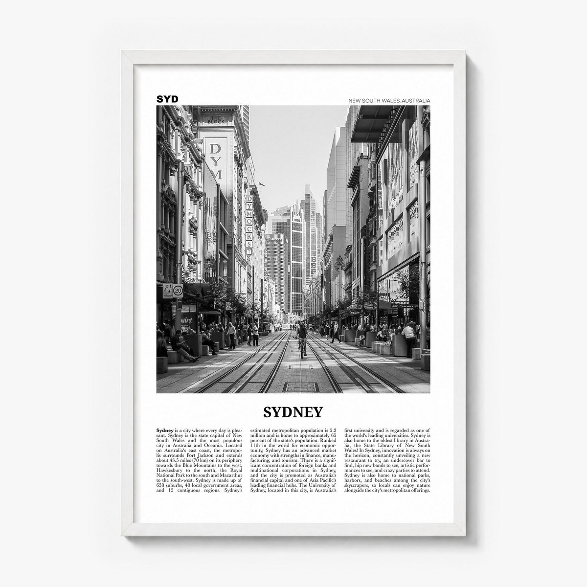 Sydney Newspaper No 5 Poster in a white wood frame