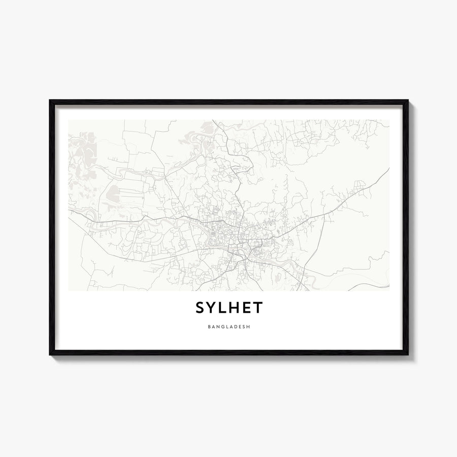Sylhet black & white map poster of Bangladesh – horizontal wall art, unframed print shown in interior mockup