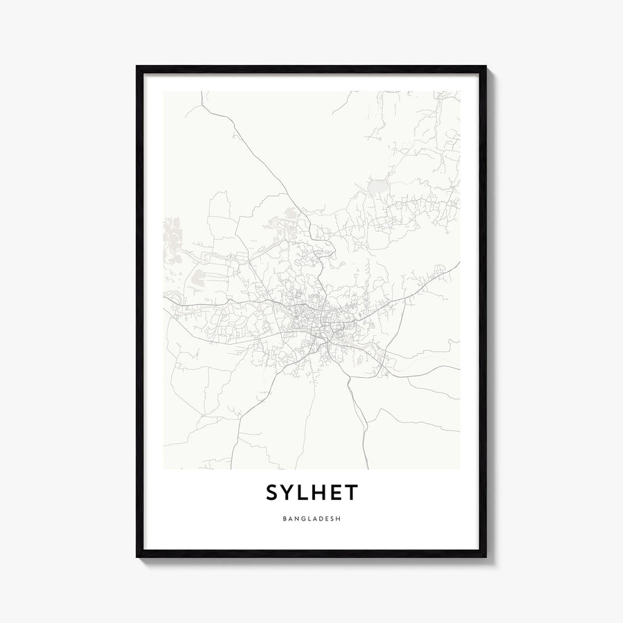 Sylhet black & white map poster of Bangladesh – vertical wall art, unframed print shown in interior mockup