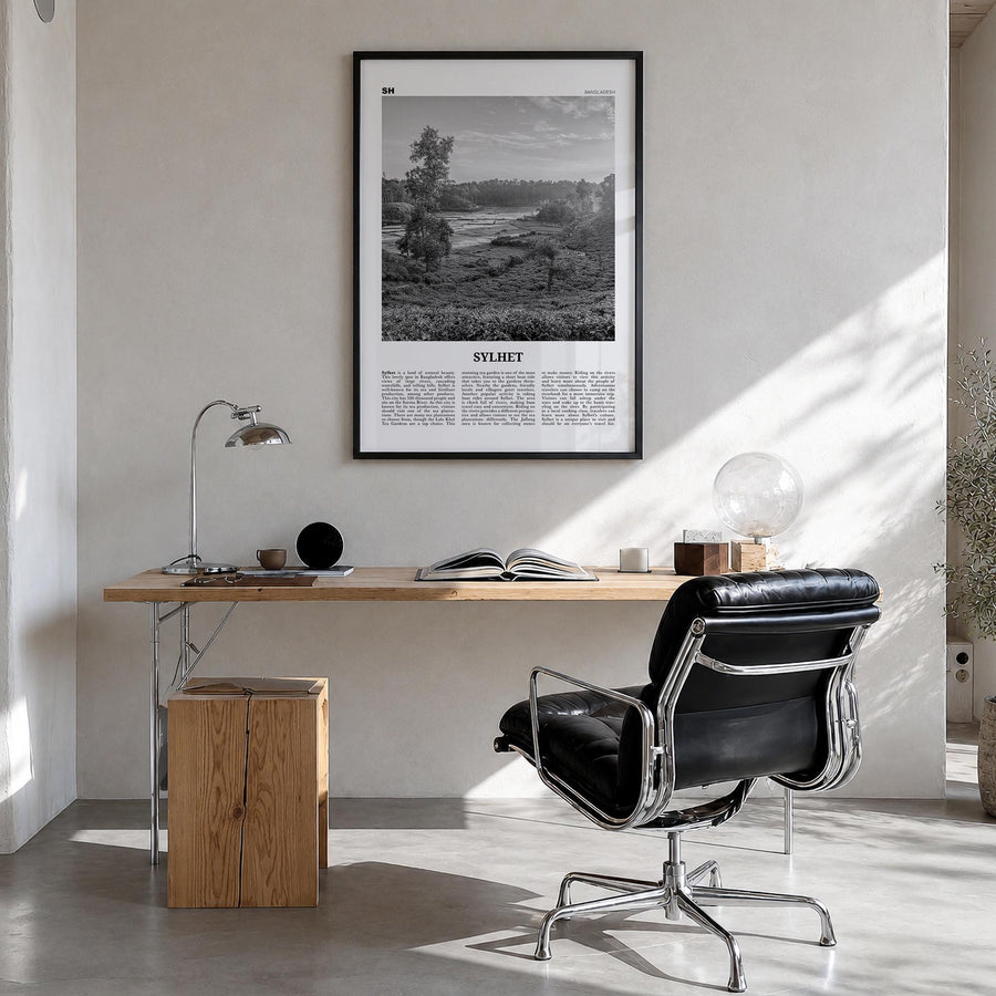 Sylhet black & white newspaper poster of Bangladesh – vertical wall art in black wood frame, hanging on wall