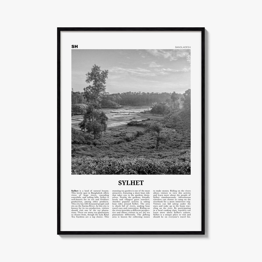 Sylhet black & white newspaper poster of Bangladesh – vertical wall art, unframed print shown in interior mockup