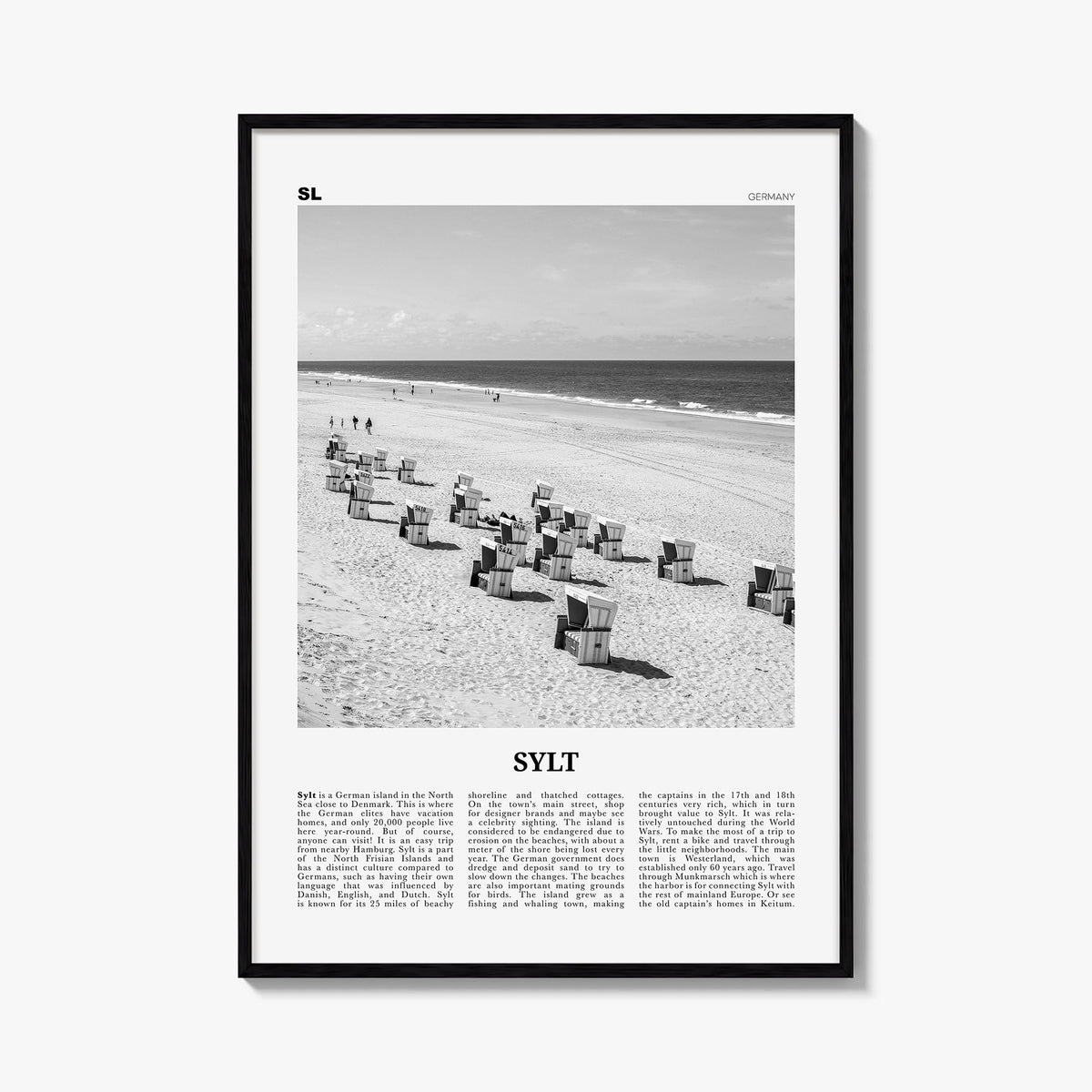 Sylt black & white newspaper poster of Germany – vertical wall art, unframed print shown in interior mockup