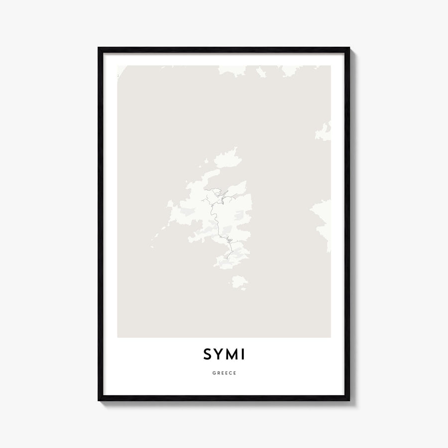 Symi black & white map poster of Greece – vertical wall art, unframed print shown in interior mockup