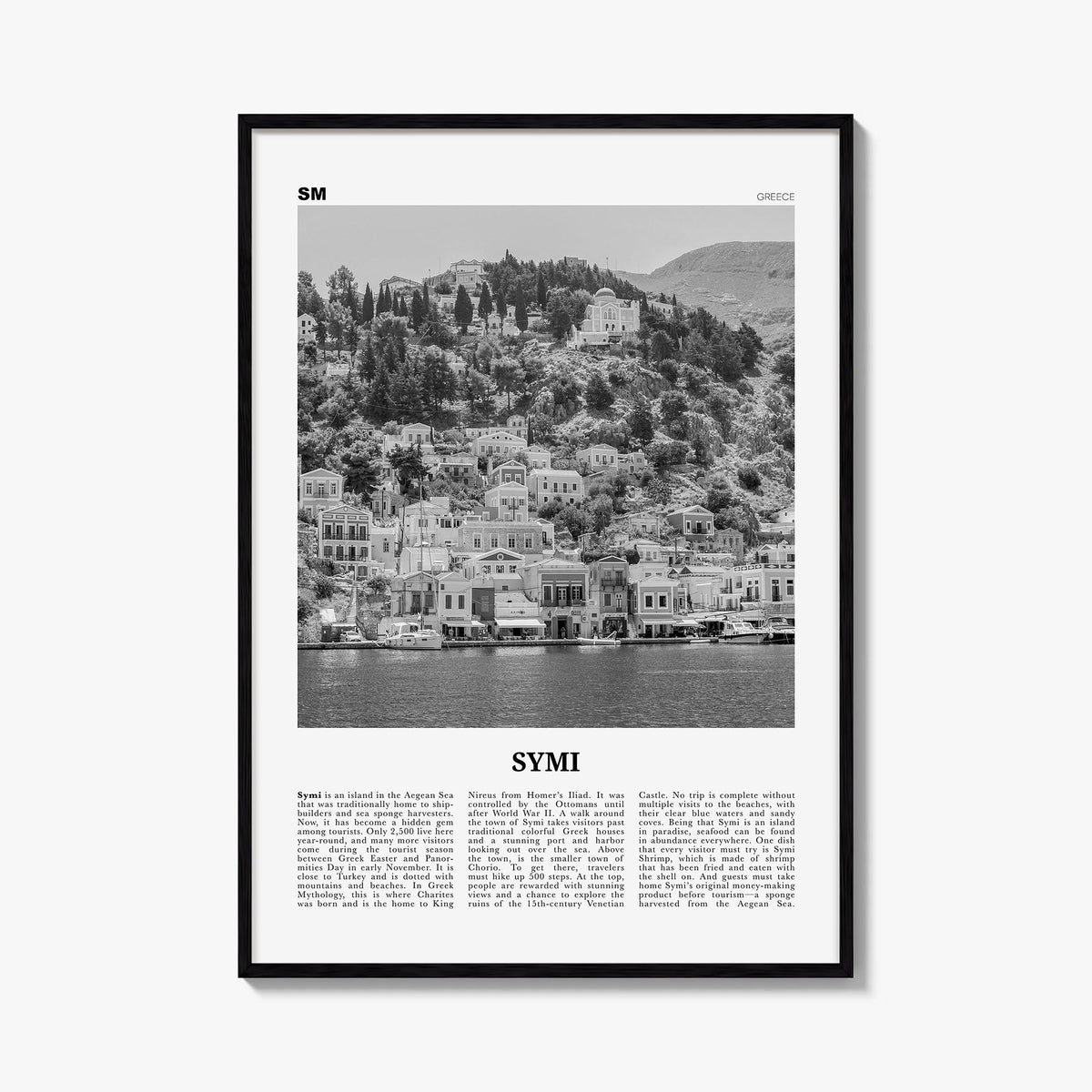 Symi black & white newspaper poster of Greece – vertical wall art, unframed print shown in interior mockup