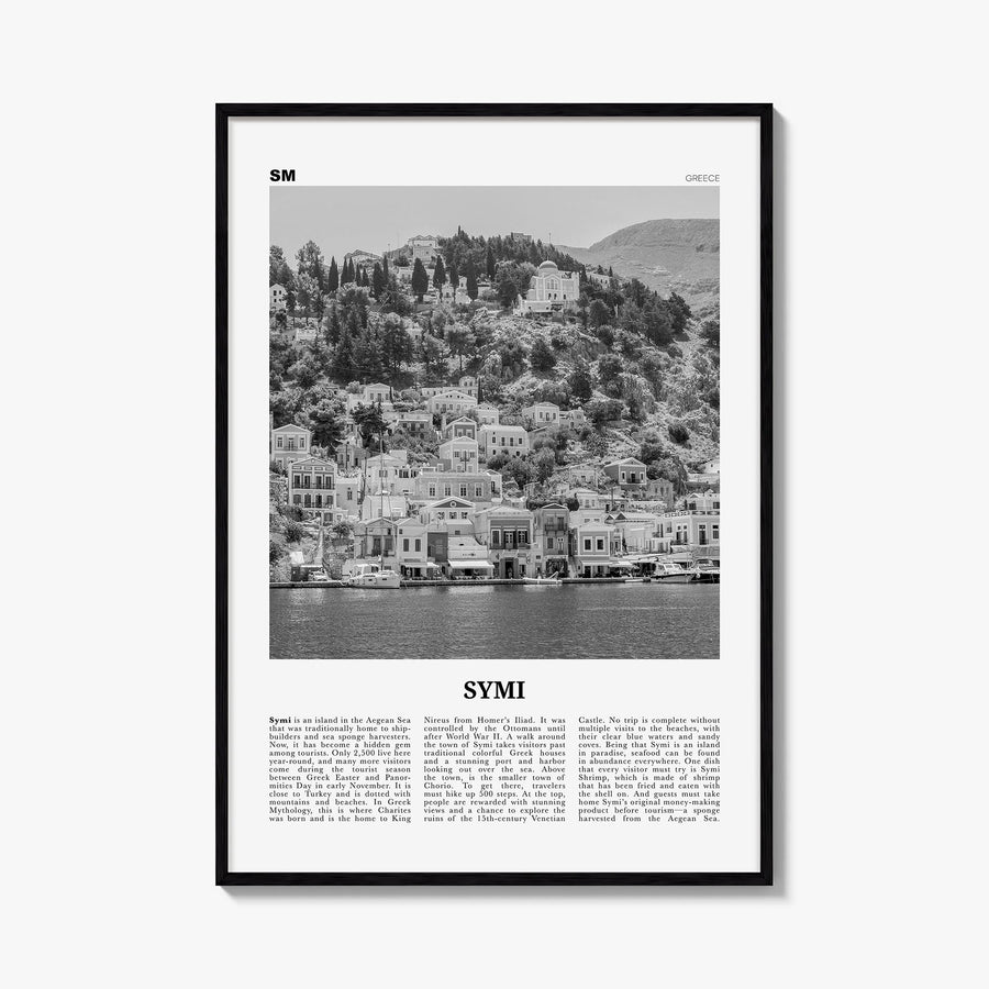 Symi black & white newspaper poster of Greece – vertical wall art, unframed print shown in interior mockup