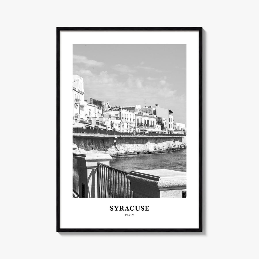Syracuse, Italy black & white classic poster of Italy – vertical wall art, unframed print shown in interior mockup